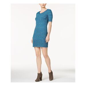 KENSIE Womens Teal Striped Short Sleeve Above The Knee Sheath Dress Size: S